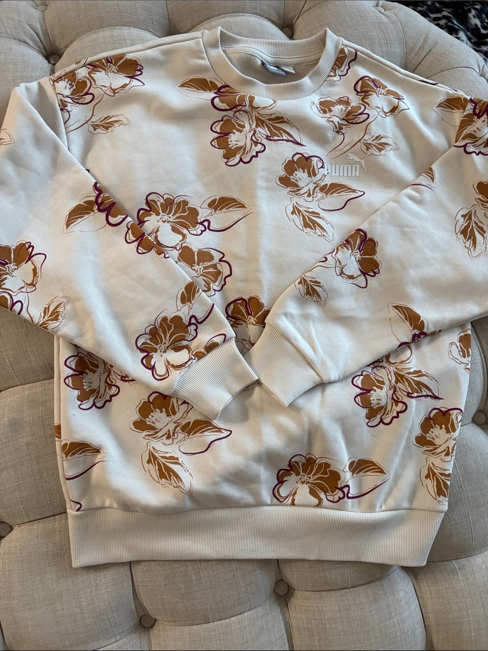 Puma Cream Crewneck Sweater with Brown & Burgundy Floral Print NWOT